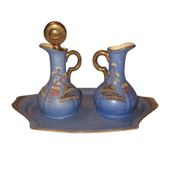 Vintage Hinode Made in Japan Cruets Oil Vinegar Blue Gold Tray Hand Painted - Picture 15 of 15
